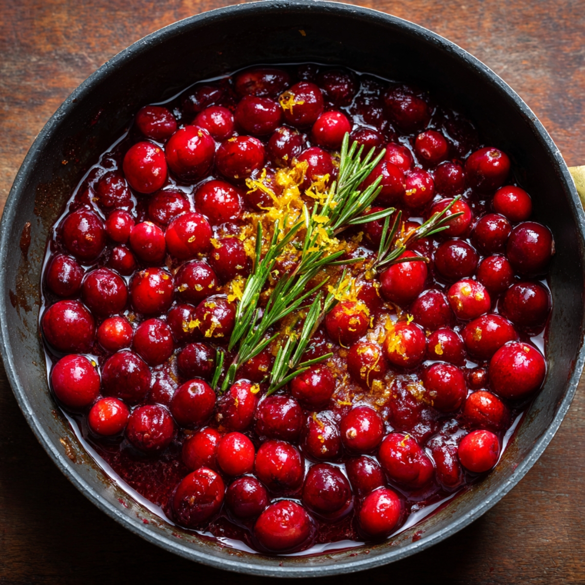 Homemade cranberry sauce simmering in a pan with orange zest and fresh rosemary sprigs