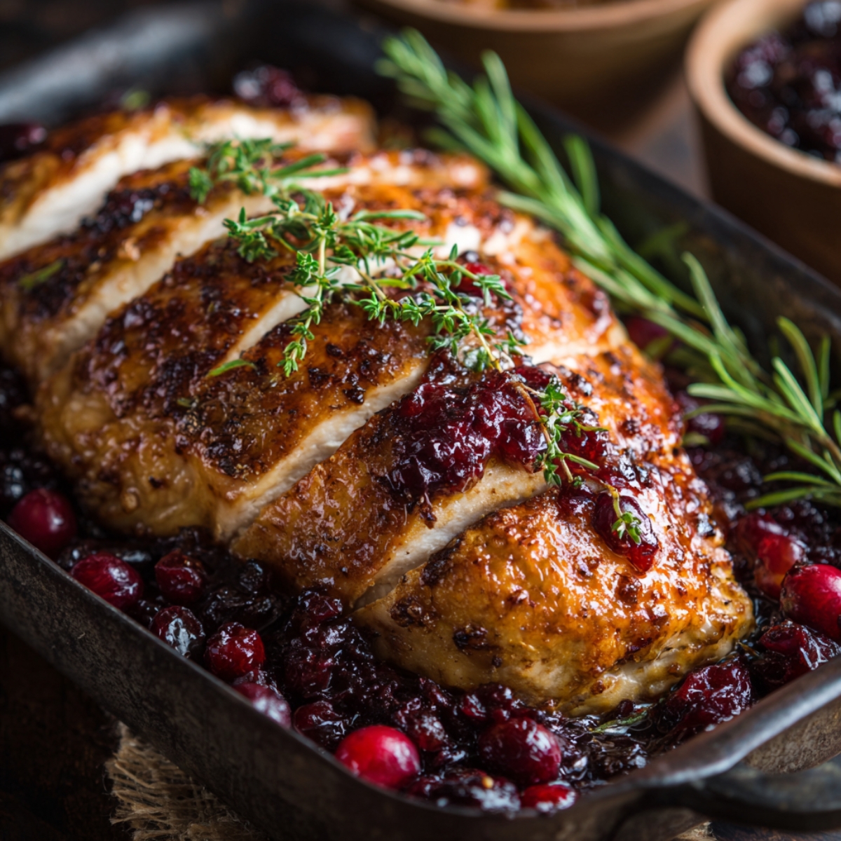 Roasted turkey breast sliced and served with cranberry sauce, garnished with fresh rosemary and thyme
