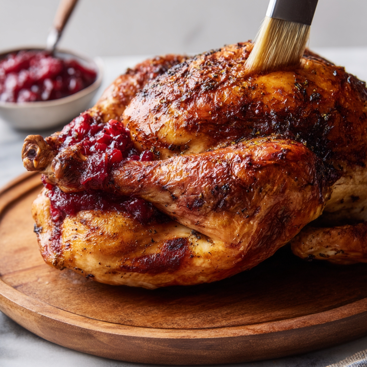 Whole roasted turkey being basted with cranberry sauce using a brush, with extra sauce on the side