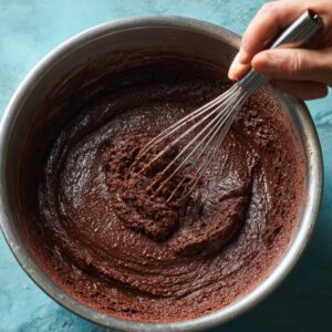 Cake batter: Thick chocolate batter in a metal bowl, with a hand whisking it.