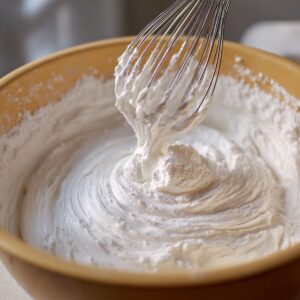 Filling: A mixing bowl with fluffy white cream being whipped with a whisk.