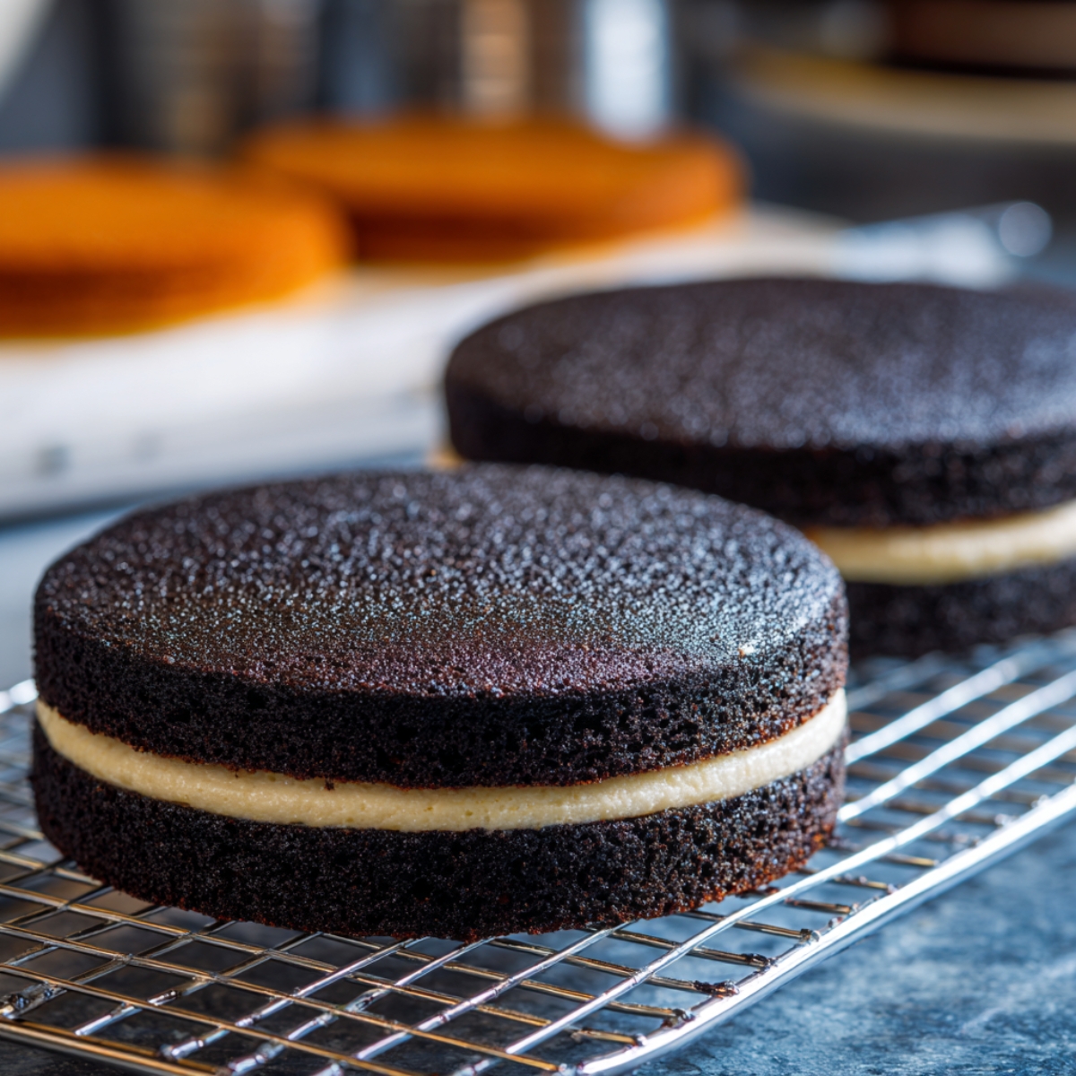 Chocolate cakes: Two round chocolate cake layers with cream filling, resting on a wire cooling rack.