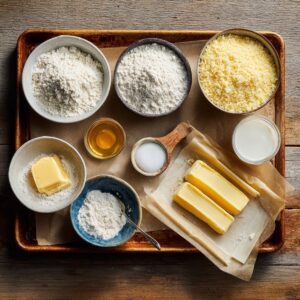Ingredients: Assorted bowls of flour, butter, sugar, milk, and vanilla arranged on a wooden tray.