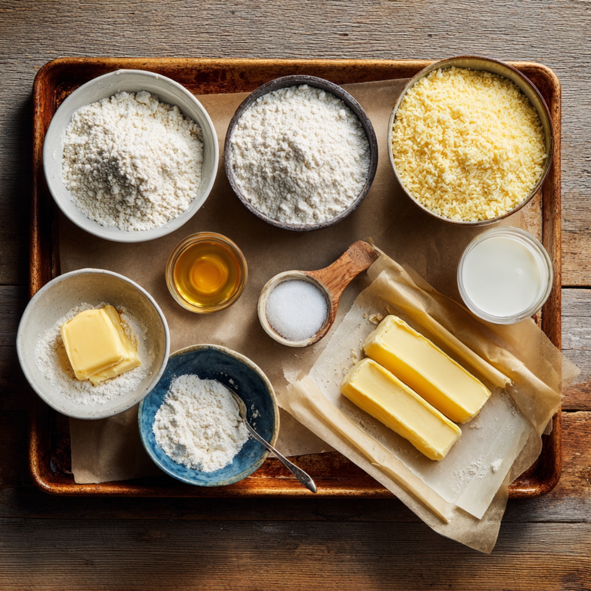 Ingredients: Assorted bowls of flour, butter, sugar, milk, and vanilla arranged on a wooden tray.