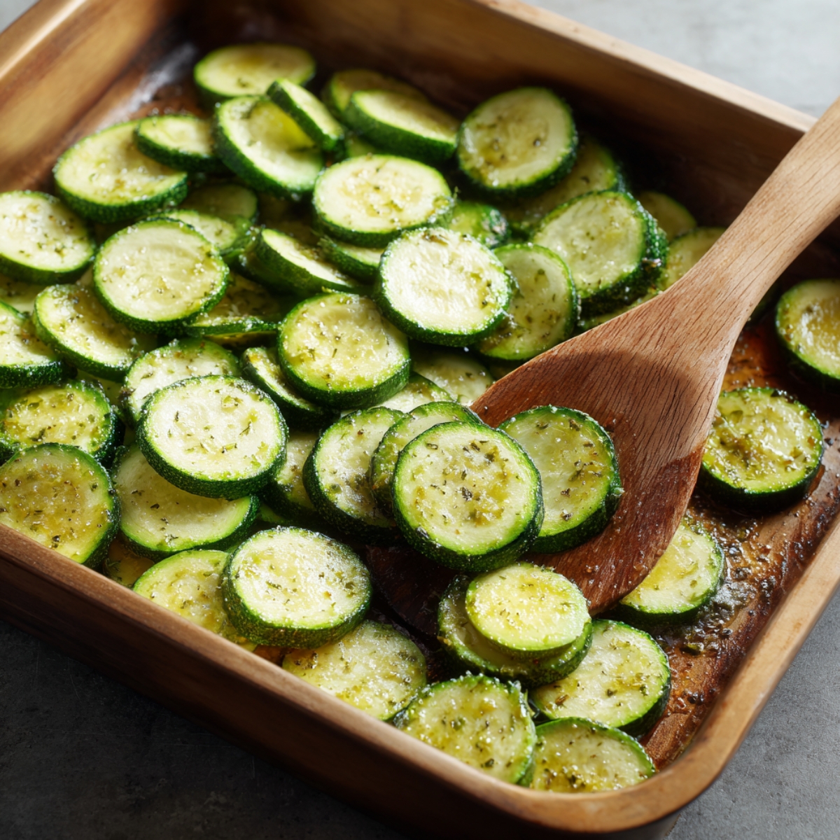 Zucchini cake batter spread evenly in a metal baking pan, ready to go into the oven