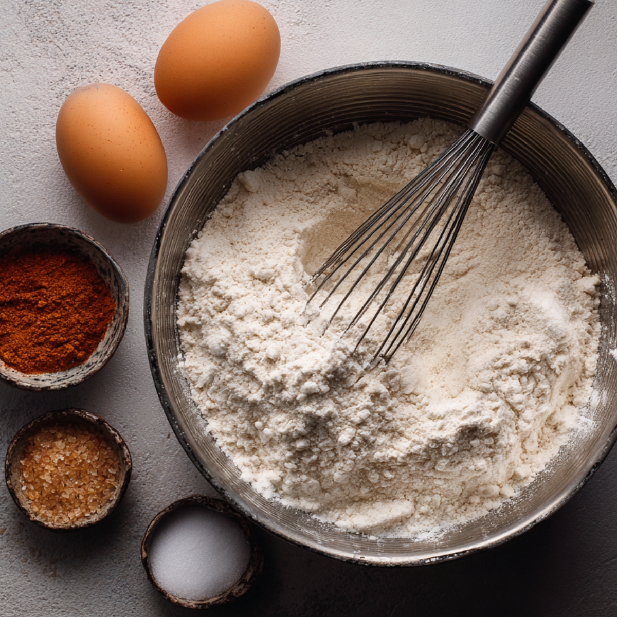 A glass bowl containing flour and brown spices with a wooden spoon for mixing.