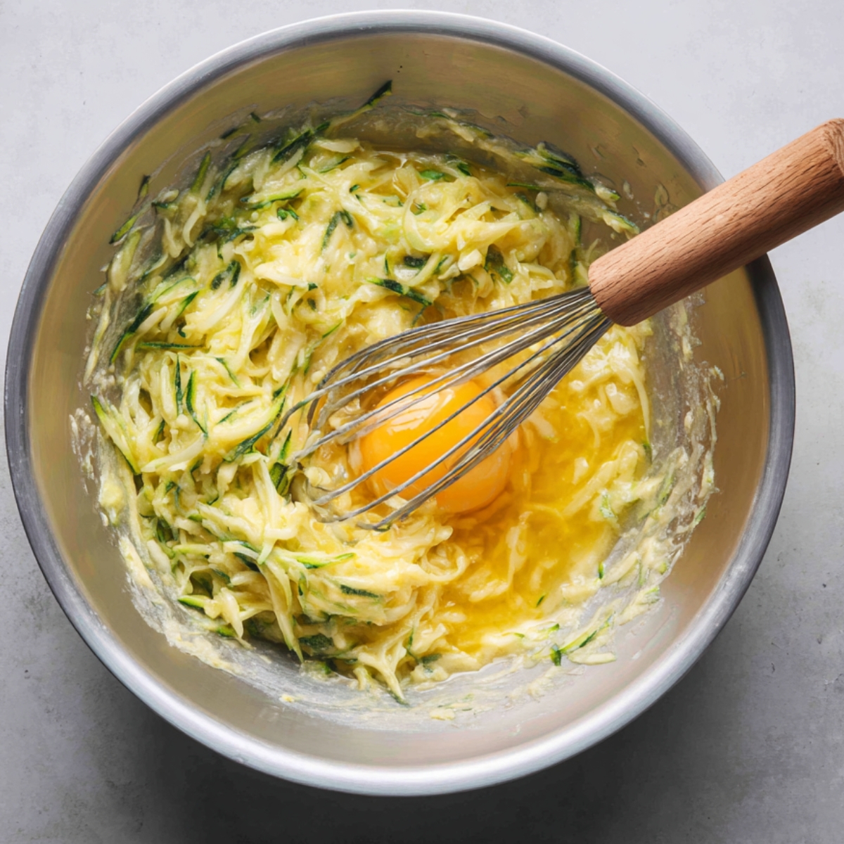 A metal bowl filled with a mixture of beaten eggs, oil, and grated zucchini, with a metal whisk inside.