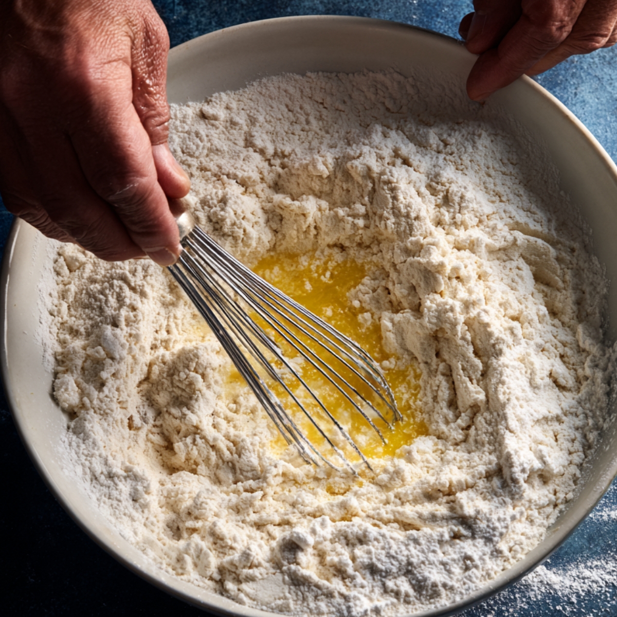 A person mixing flour mixture in a large bowl using a wooden-handled whisk.