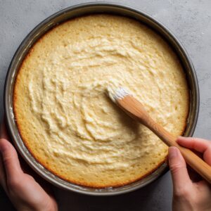 A white ceramic baking dish filled with light-colored cake batter topped with a sprinkle of cinnamon, with a wooden spatula beside it.