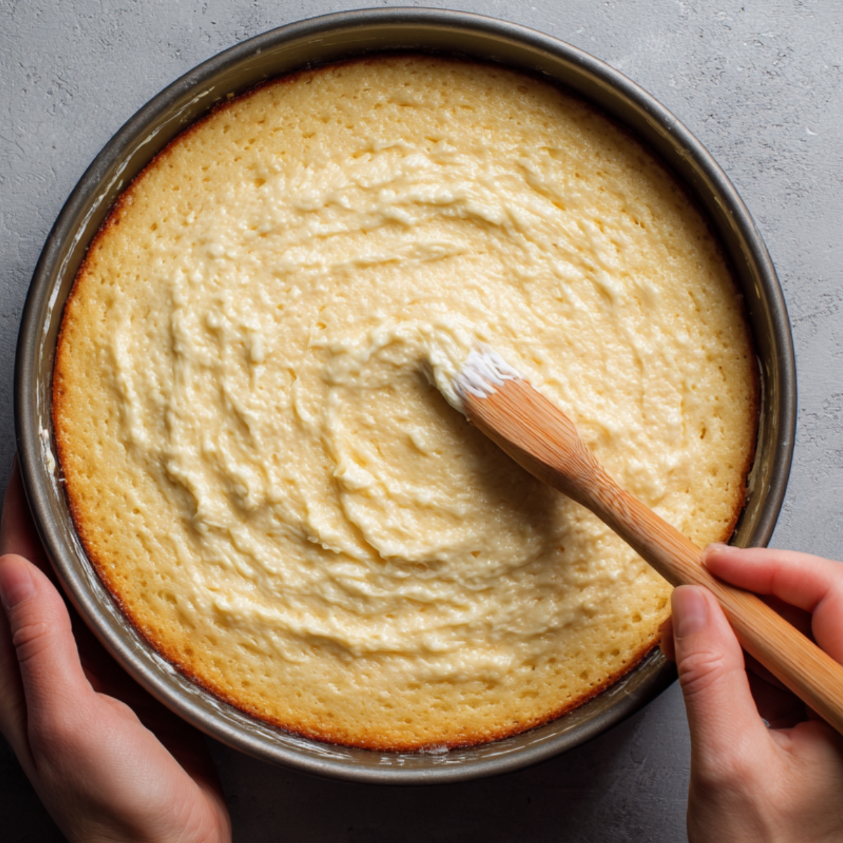 A white ceramic baking dish filled with light-colored cake batter topped with a sprinkle of cinnamon, with a wooden spatula beside it.
