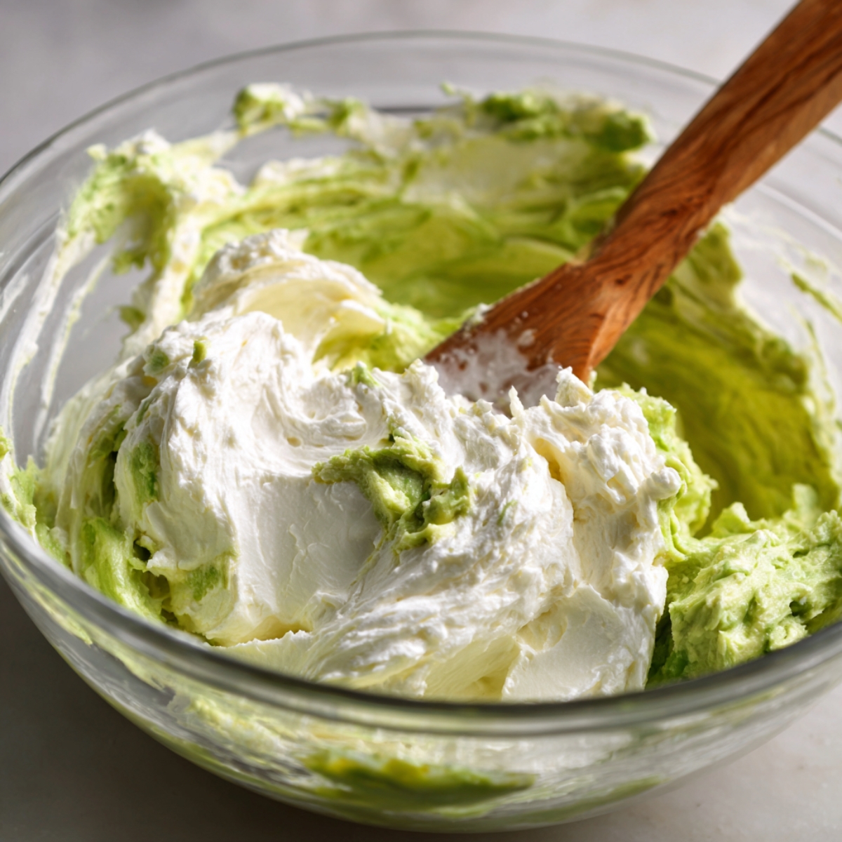 A glass bowl with a creamy white and green mixture of mashed avocado and softened cream cheese, stirred with a wooden spoon.