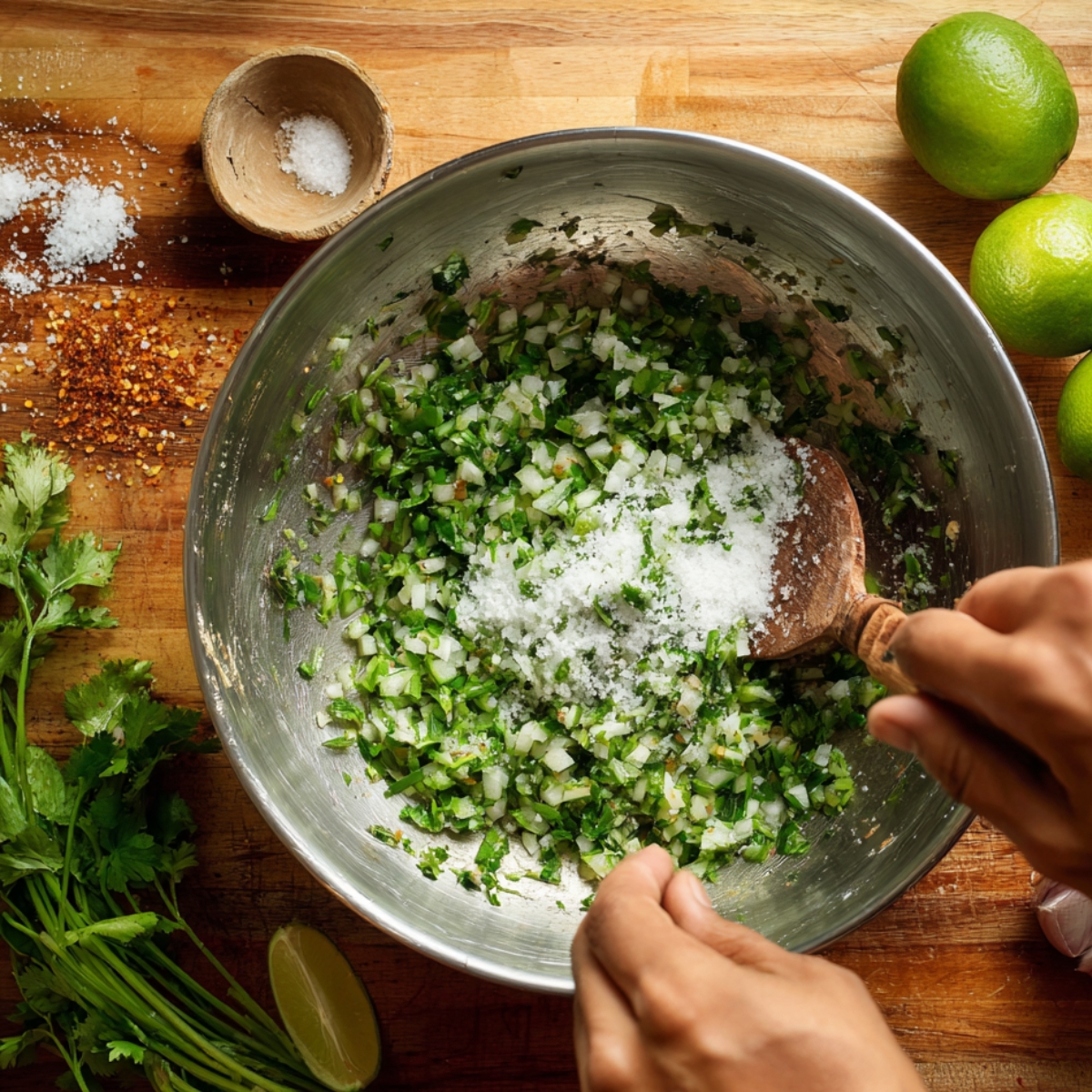 A metal bowl filled with a chopped mixture of cilantro and green onion with coarse salt, on a wooden board with limes, fresh cilantro, salt, and crushed red pepper nearby.