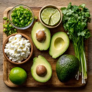 A wooden board arranged with halved avocados with pits, fresh lime halves, fresh cilantro, a bowl of cream cheese, and chopped green onions.
