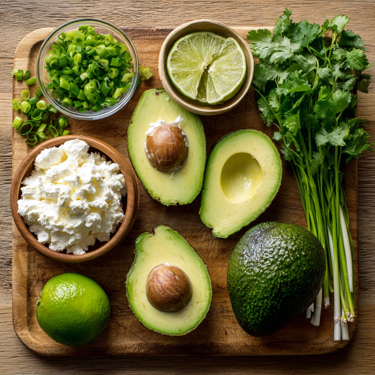 A wooden board arranged with halved avocados with pits, fresh lime halves, fresh cilantro, a bowl of cream cheese, and chopped green onions.