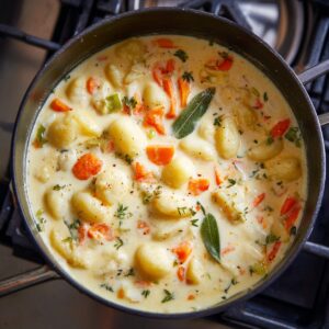 Easy Bacon Cheddar Gnocchi Soup Recipe 21 Pot of gnocchi soup simmering – A stovetop pan filled with creamy broth, gnocchi, carrot slices, celery, and fresh thyme leaves.