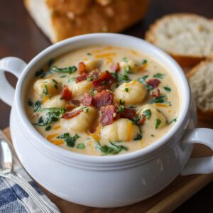 Easy Bacon Cheddar Gnocchi Soup Recipe 22 Bacon Cheddar Gnocchi Soup in a white bowl – Creamy soup filled with potato gnocchi, wilted greens, and topped with crispy bacon and shredded cheddar, served with bread on the side.