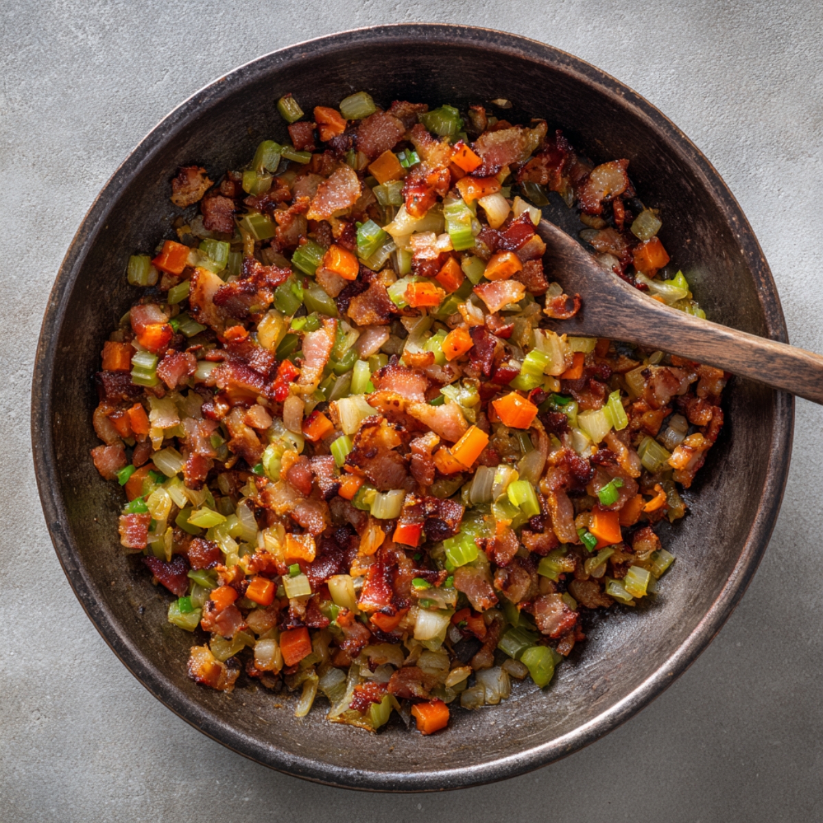 Easy Bacon Cheddar Gnocchi Soup Recipe 12 Sautéed bacon and vegetables – A pan filled with crispy bacon pieces mixed with diced carrots, celery, and onions.