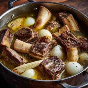Beef bones simmering in broth — Large chunks of beef shank with marrow bones, onions, and aromatics cooking in a flavorful golden broth.