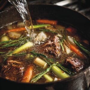 Pouring water into broth — A dark pot of simmering beef and vegetables with leeks and carrots, as hot water is being poured in to maintain broth level.