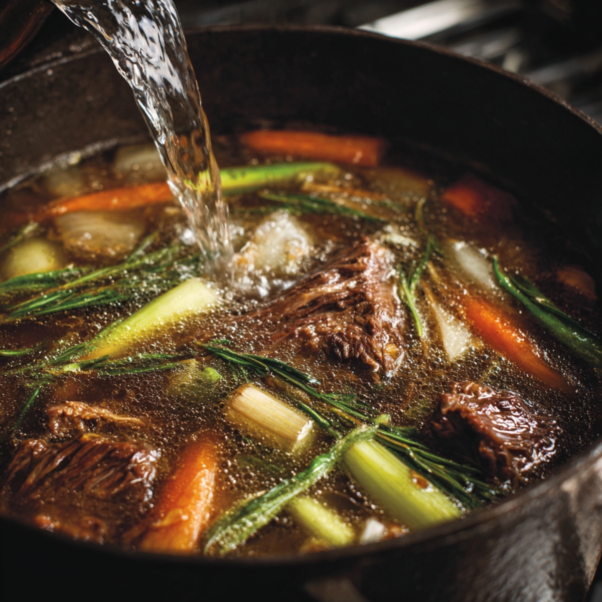 Pouring water into broth — A dark pot of simmering beef and vegetables with leeks and carrots, as hot water is being poured in to maintain broth level.