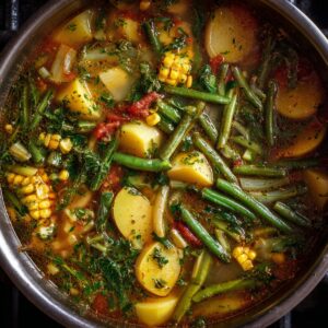 Pot of simmering broth with vegetables — A stainless steel pot of broth filled with sliced potatoes, corn, green beans, onions, and herbs, creating a colorful mix.