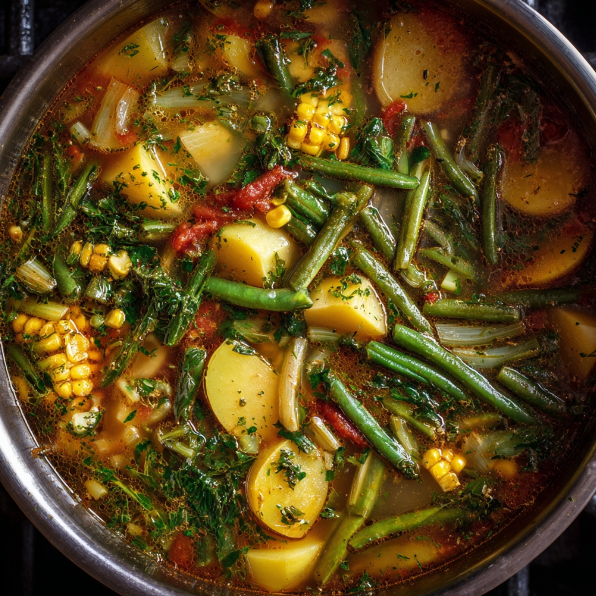 Pot of simmering broth with vegetables — A stainless steel pot of broth filled with sliced potatoes, corn, green beans, onions, and herbs, creating a colorful mix.