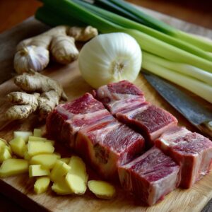 Prepared raw ingredients — Chopped beef short ribs with sliced ginger, onion, scallions, and garlic displayed on a wooden board, ready for broth preparation.
