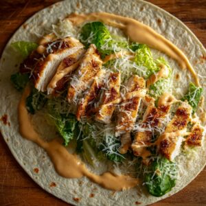 A tortilla topped with romaine lettuce, grilled chicken slices, shredded Parmesan, and Caesar dressing drizzled on top.