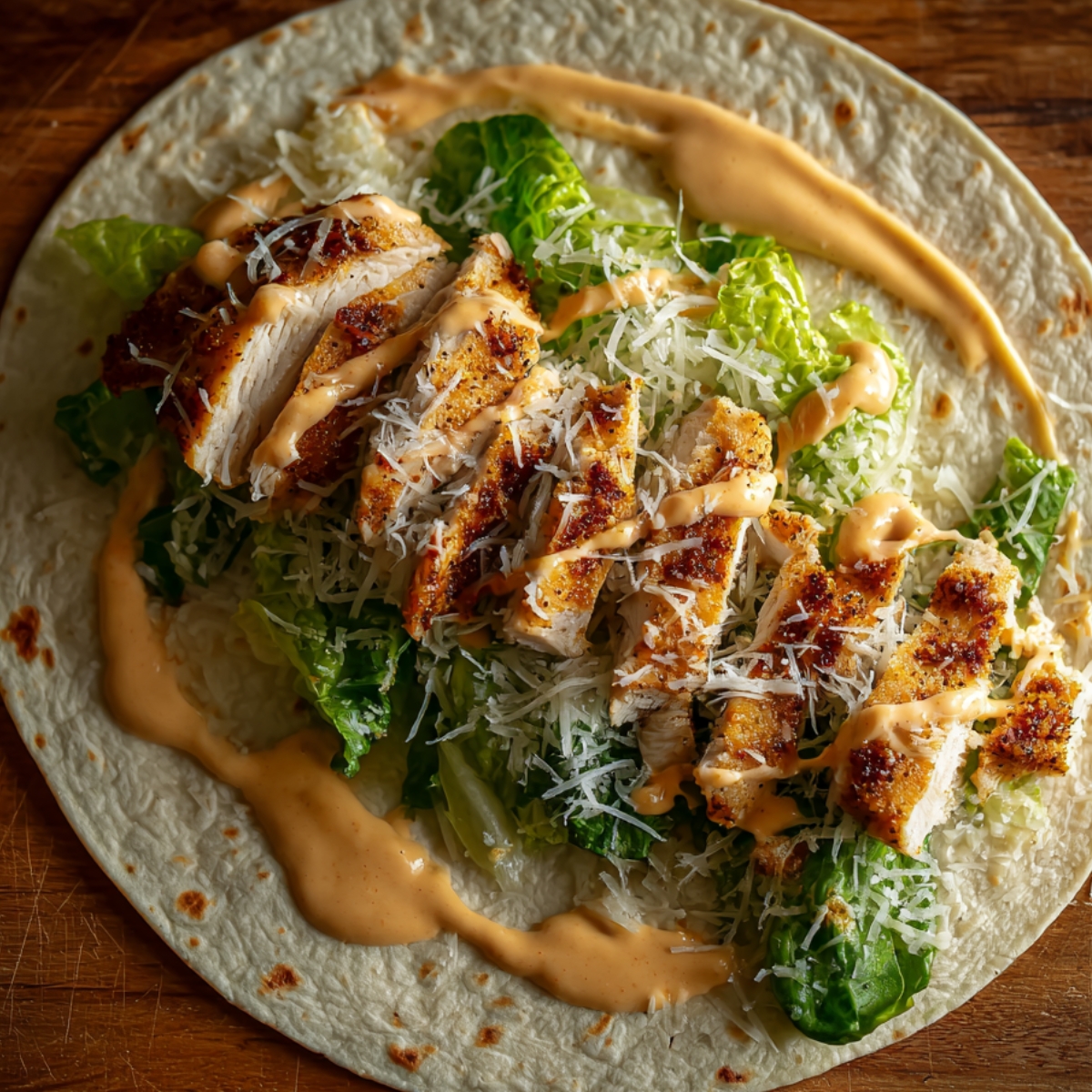 A tortilla topped with romaine lettuce, grilled chicken slices, shredded Parmesan, and Caesar dressing drizzled on top.