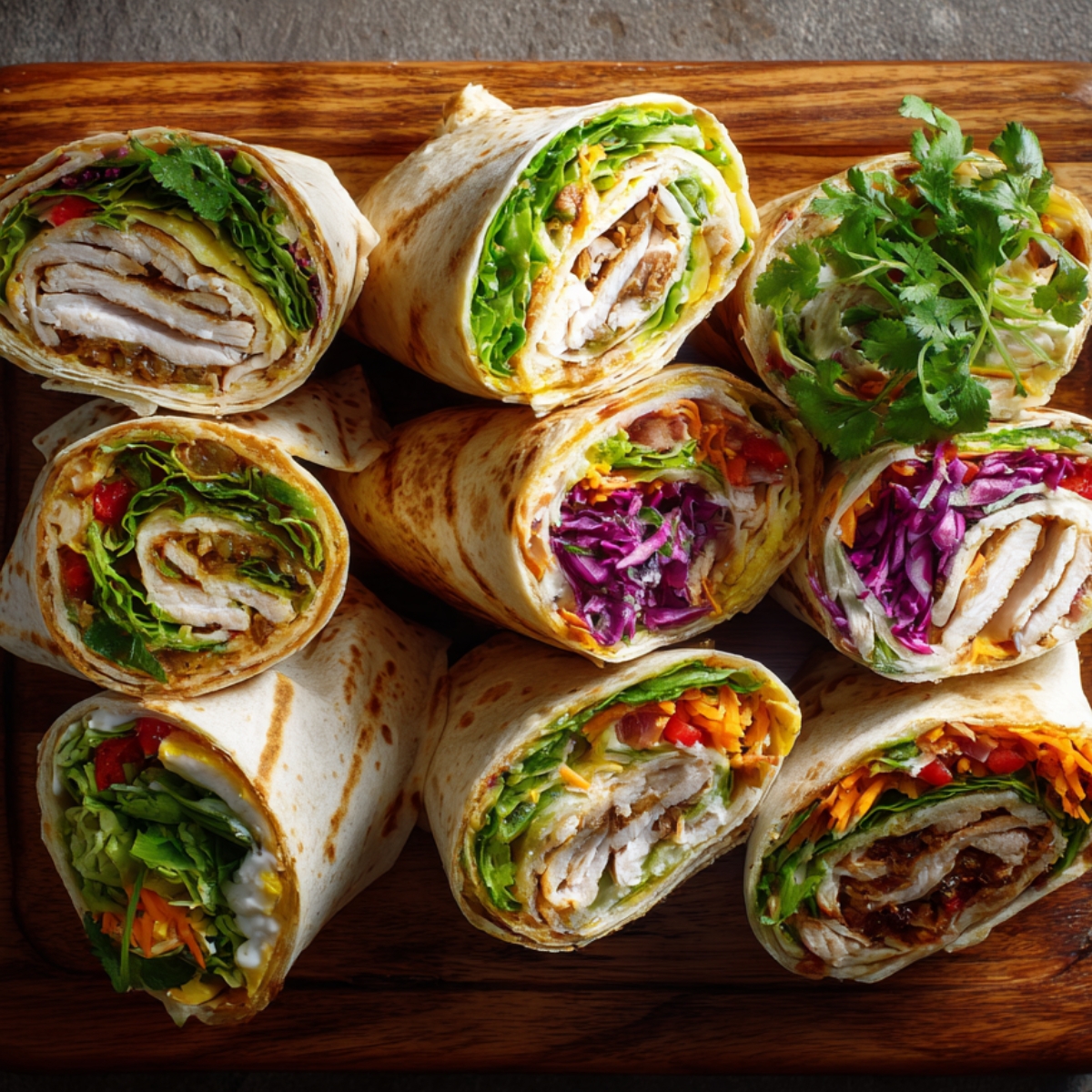 A wooden board stacked with colorful chicken wraps, each cut in half to reveal fillings of lettuce, chicken, cheese, and vegetables.