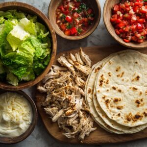 Shredded chicken, tortillas, romaine lettuce, shredded cheese, and bowls of salsa arranged on a wooden board.