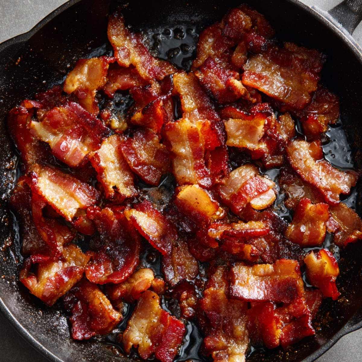 A cast-iron skillet with crispy bacon pieces cooked until golden brown.
