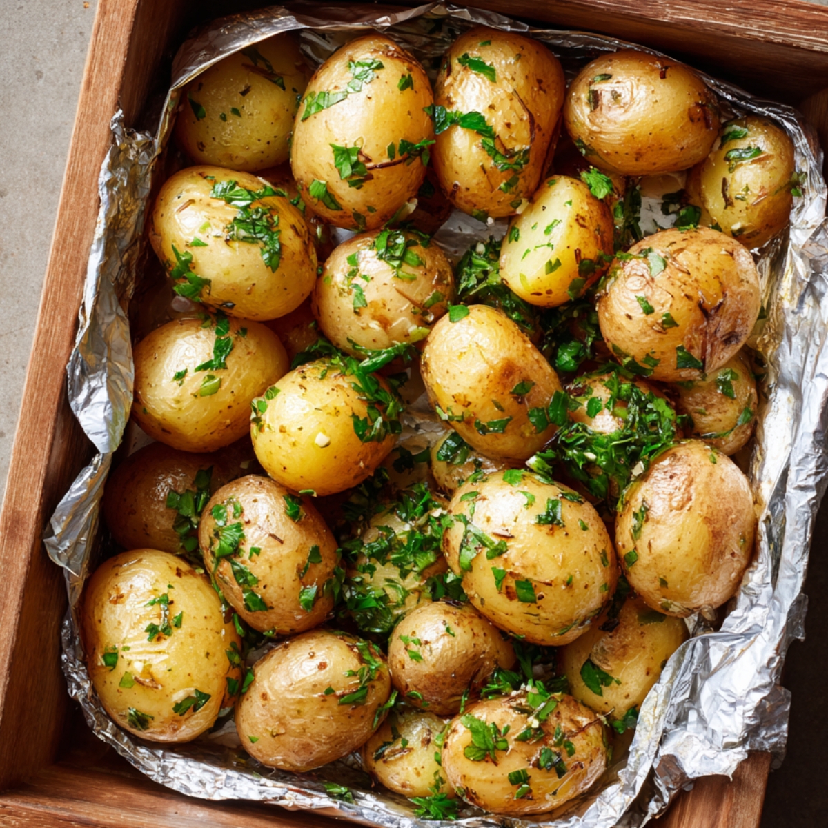 A wooden tray lined with foil, filled with small roasted potatoes coated in fresh herbs.
