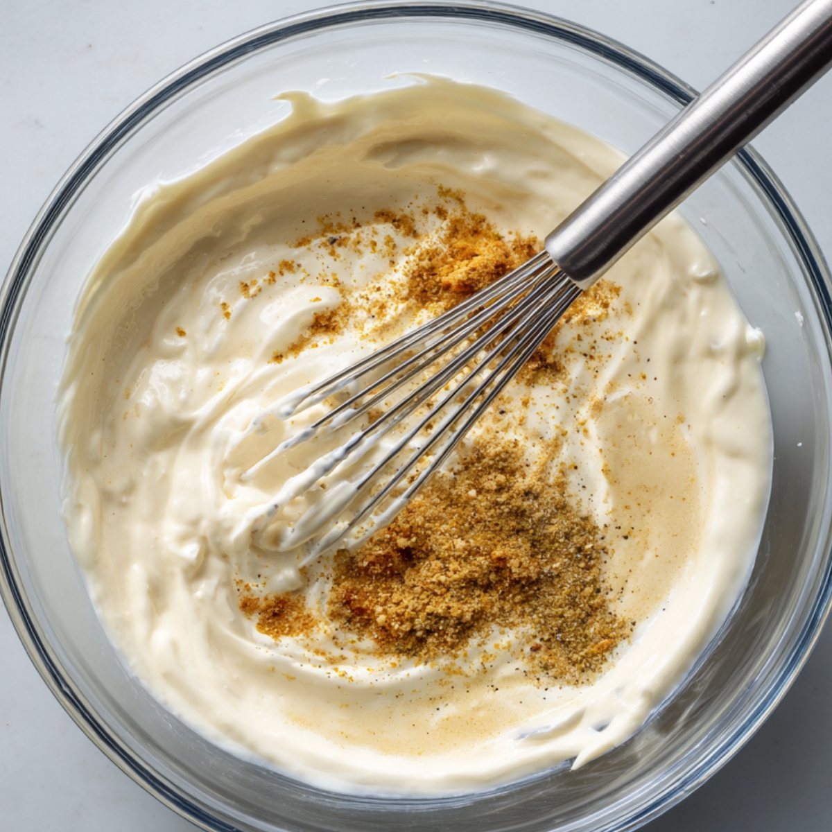 A glass bowl of sour cream and cream cheese being whisked with seasonings to form a creamy base.