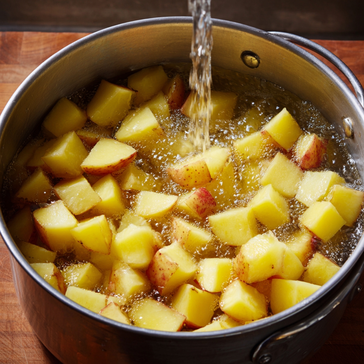 A pot of cubed potatoes boiling in salted water.