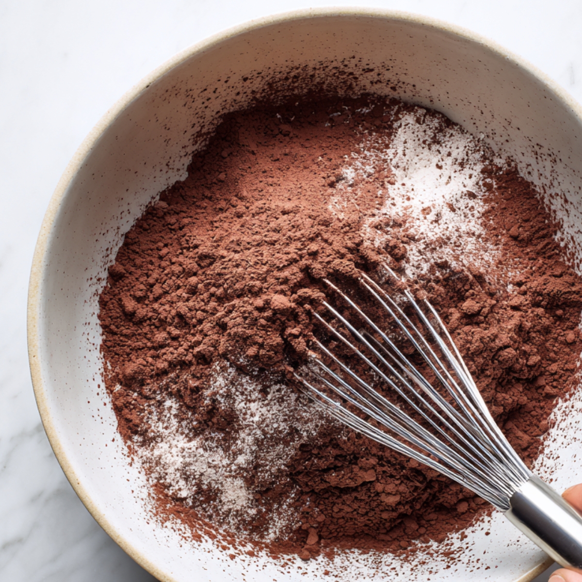 Cocoa powder, flour, and salt being whisked together in a mixing bowl.