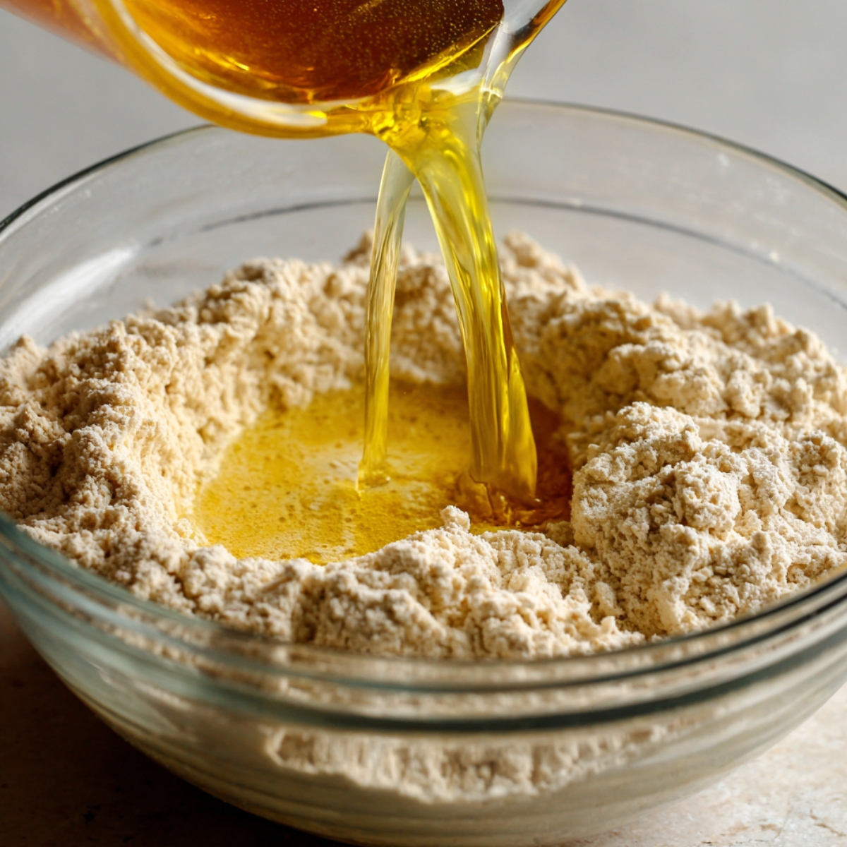 Molasses being poured into a well of flour mixture in a glass bowl.