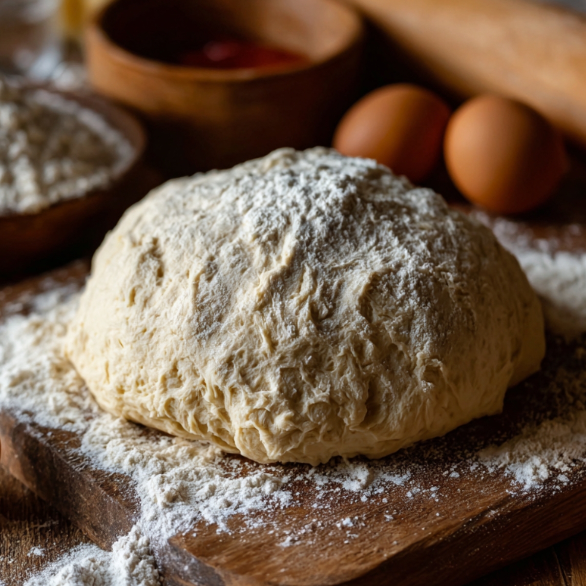 Ball of raw bread dough dusted with flour on a wooden board, surrounded by eggs, flour, and a rolling pin.