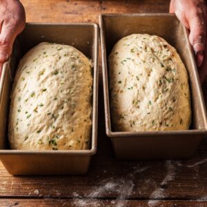 Two bread dough loaves in greased pans, ready for final rise before baking.