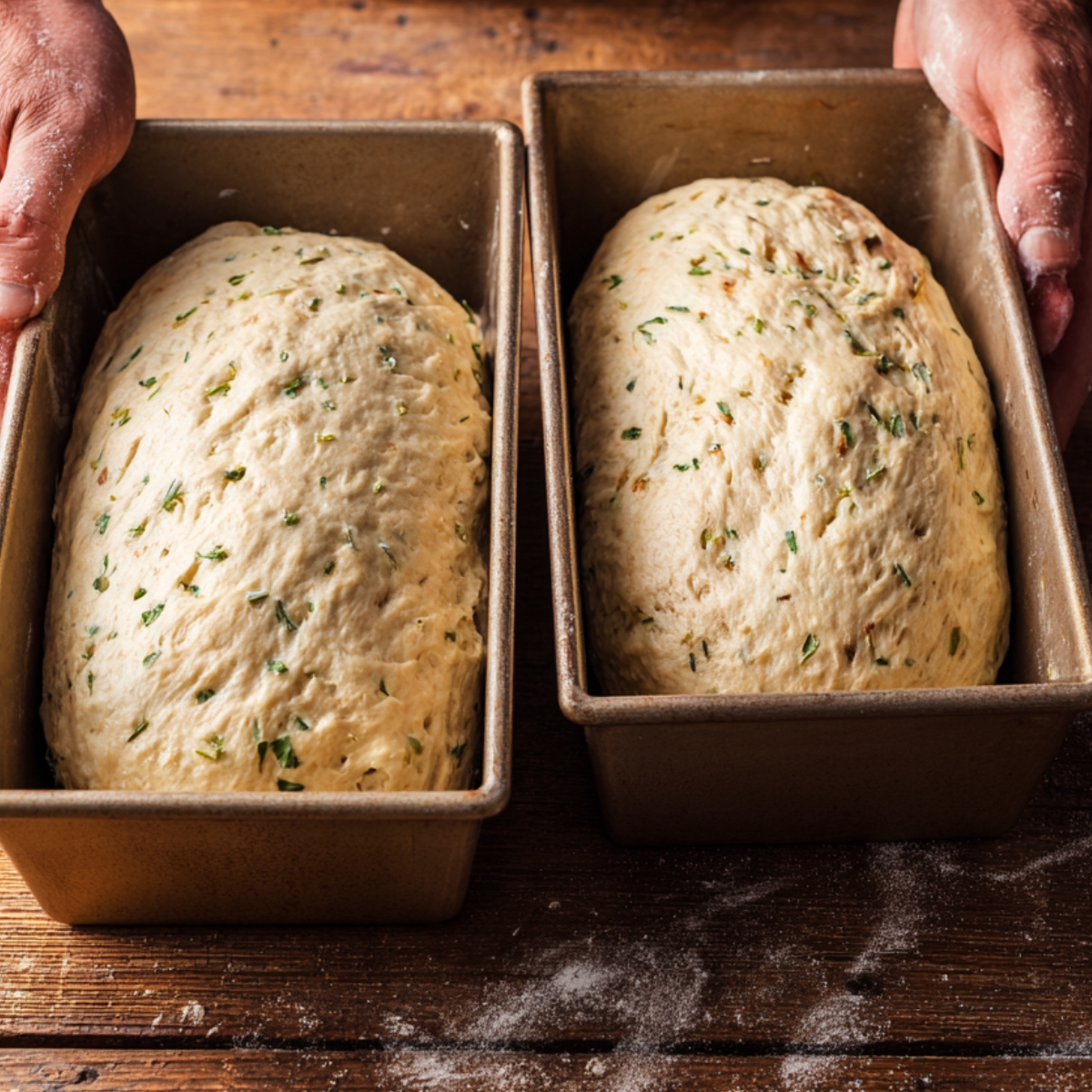Two bread dough loaves in greased pans, ready for final rise before baking.