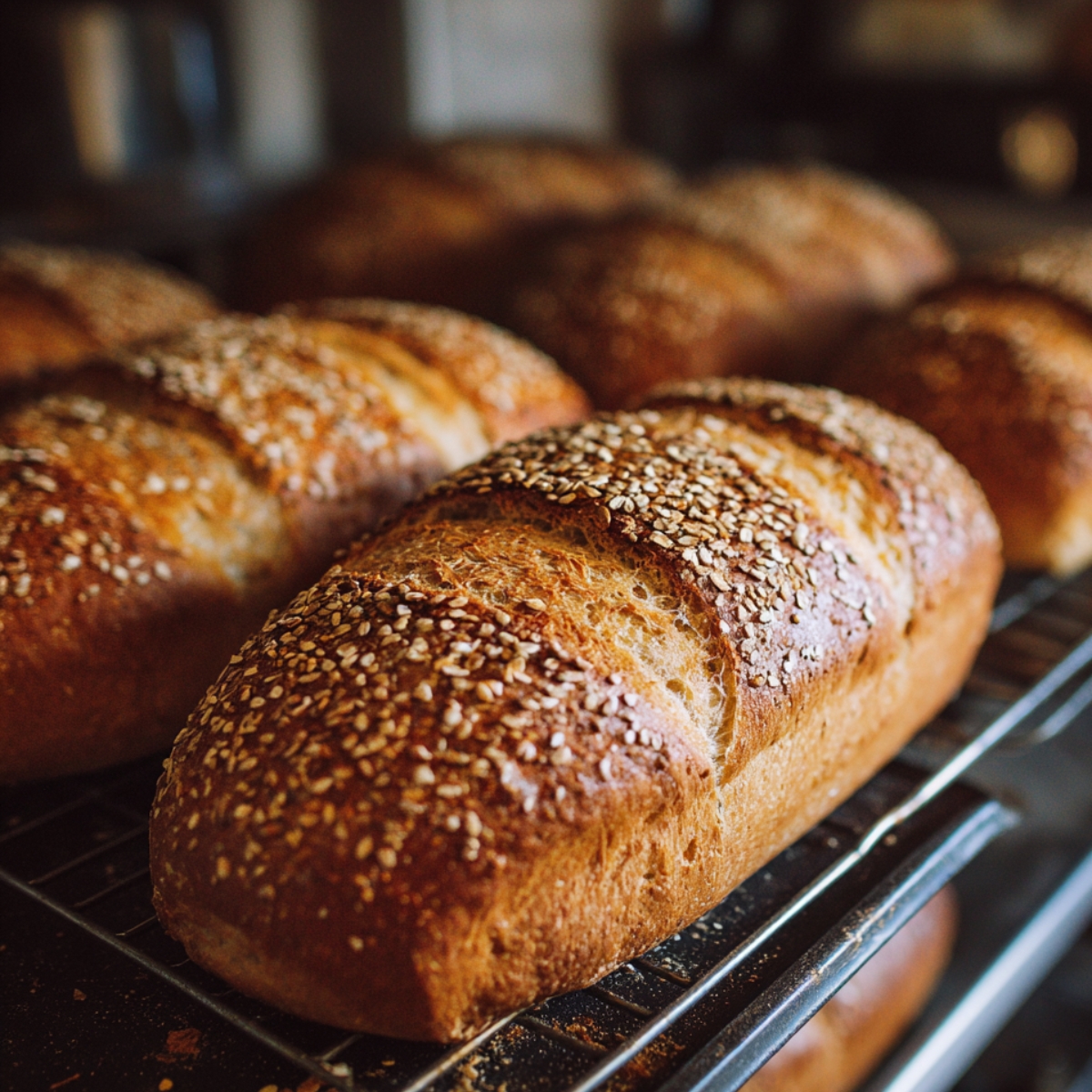 Freshly baked golden-brown loaves topped with oats, cooling on a wire rack.