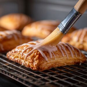 A golden-brown pastry on a cooling rack being brushed with a drizzle of white icing.