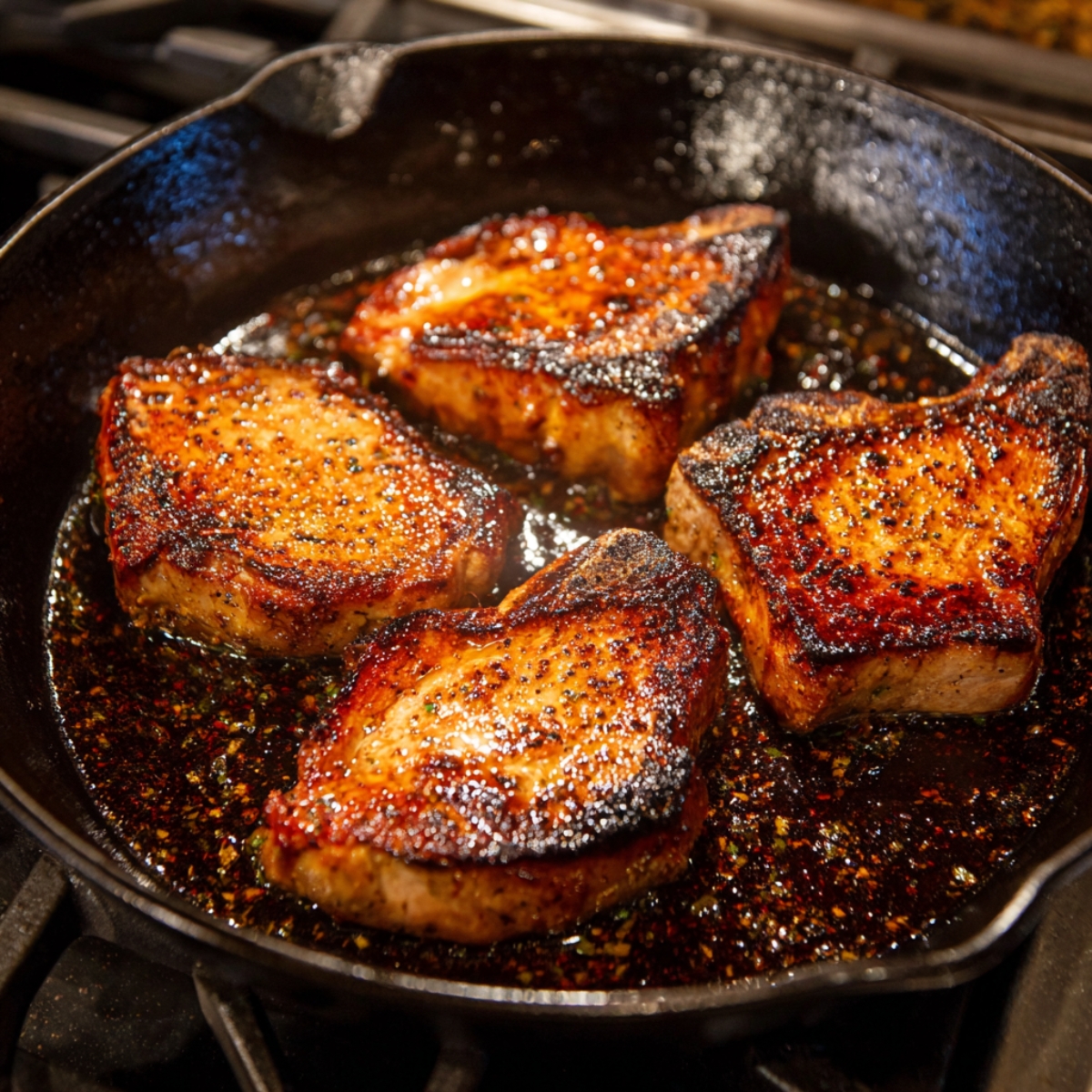 A cast-iron skillet with four golden-brown seared pork chops, glistening in oil and spices.