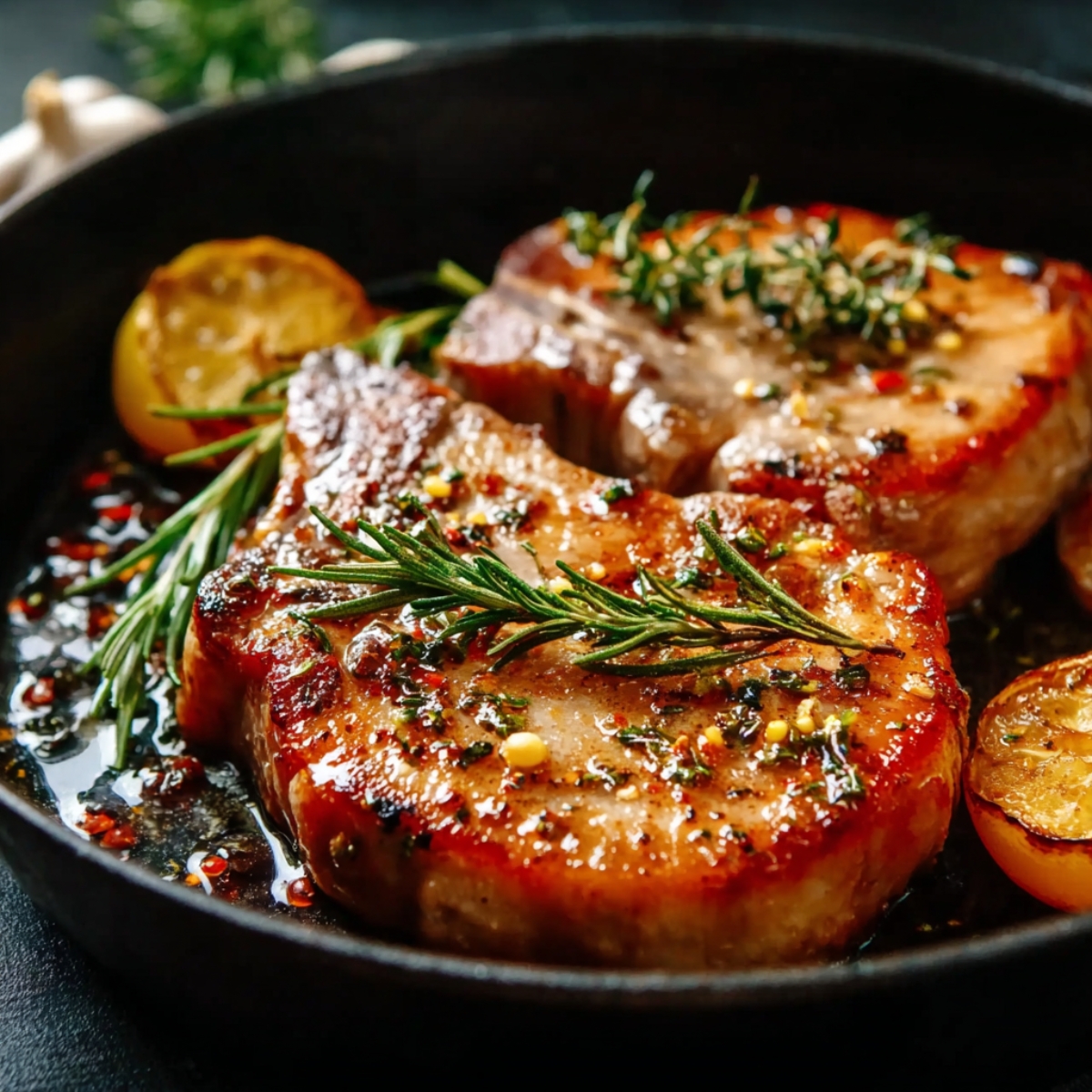 Juicy pork chops in a skillet with rosemary sprigs, garlic, and lemon, seasoned beautifully.