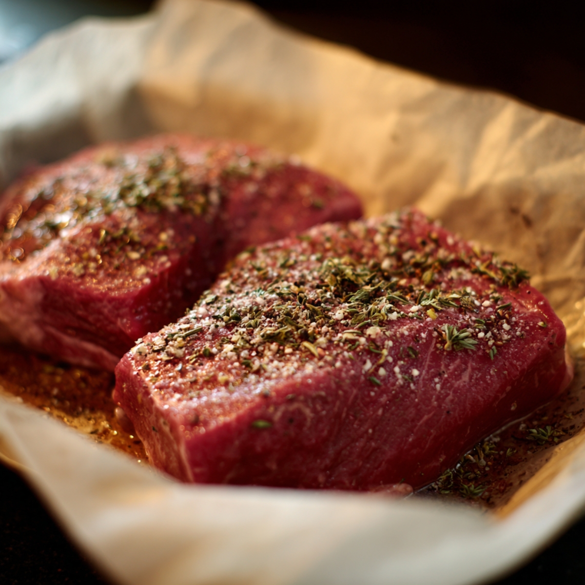 Raw pork chops seasoned with herbs, salt, and pepper on parchment paper, ready for cooking.