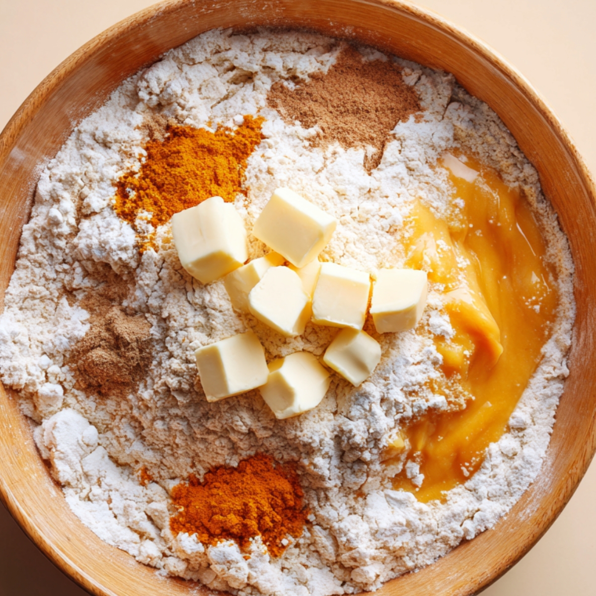 A large wooden bowl filled with flour, cubed butter, orange-colored liquid (possibly pumpkin puree), and warm spices like cinnamon and turmeric.