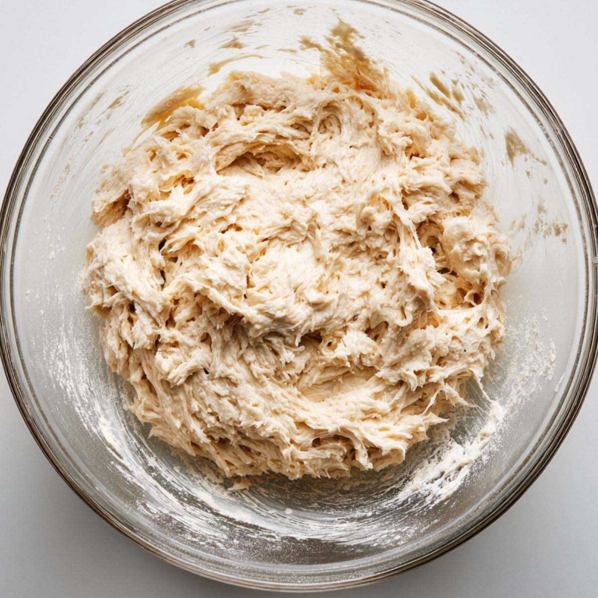 Sticky, shaggy dough in a clear glass mixing bowl on a white surface.