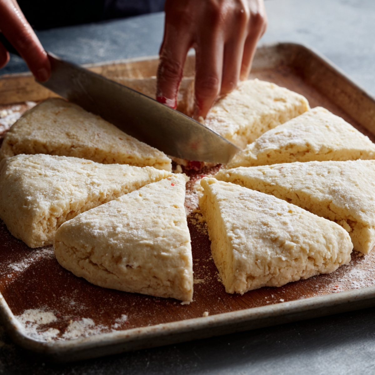A person using a large knife to cut a round of dough into triangular wedges on a floured baking sheet, preparing scones.