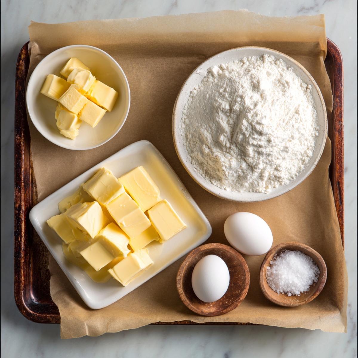 A tray with ingredients including cubed butter, a bowl of flour, two whole eggs, and small bowls of salt, placed on parchment paper.