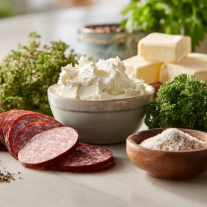 A wooden cutting board with a bowl of whipped cream cheese, salami slices, and fresh herbs like parsley and thyme arranged beside spices.